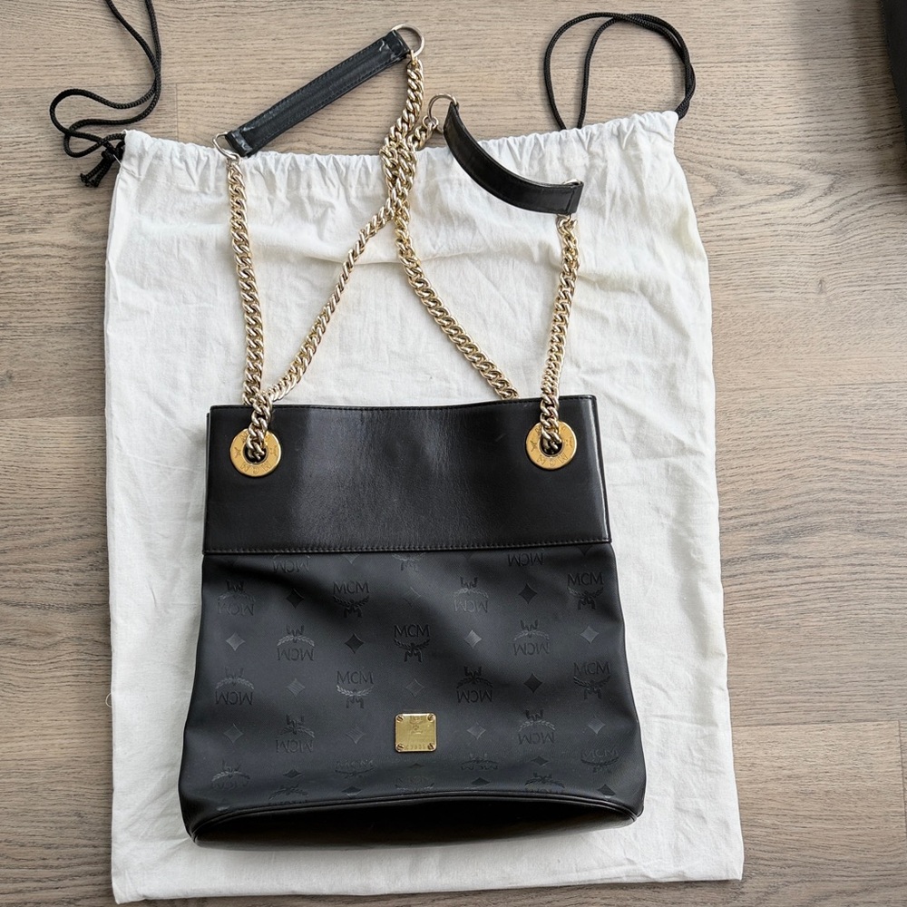 MCM Black Leather Logo Chain-Handle Shoulder Bag with Gold Hardware